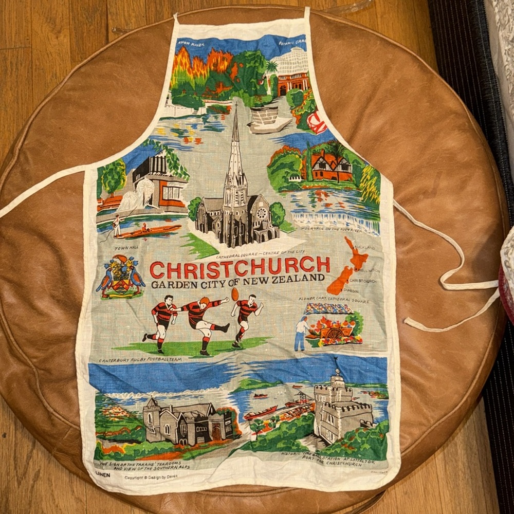 Vintage Irish linen apron CHRISTCHURCH garden city New Zealand design by Derek